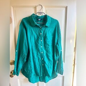 Lands' End Teal Green Linen Button-Down Shirt